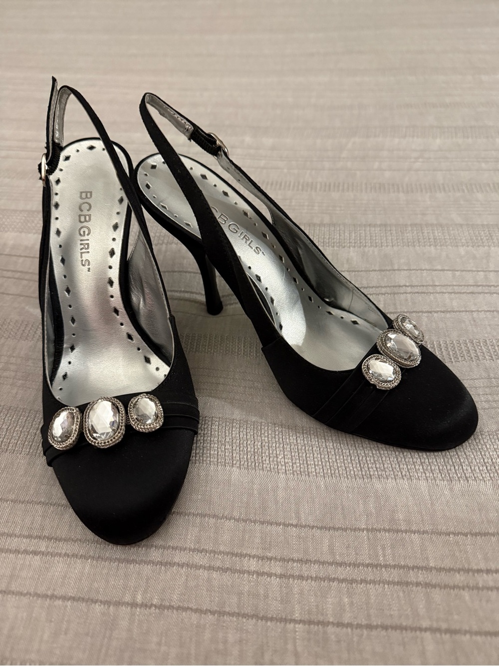 BCBGirls Black Satin Crystal-Embellished Slingback Pumps